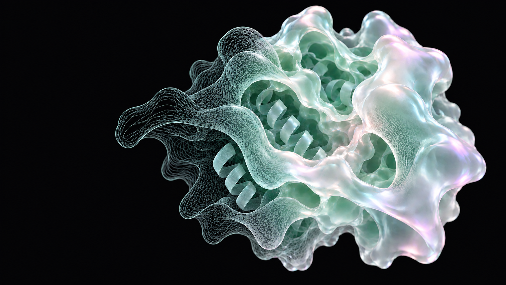 A protein-inspired form progressing from sparse mesh to satin glass, aligned to the text grid